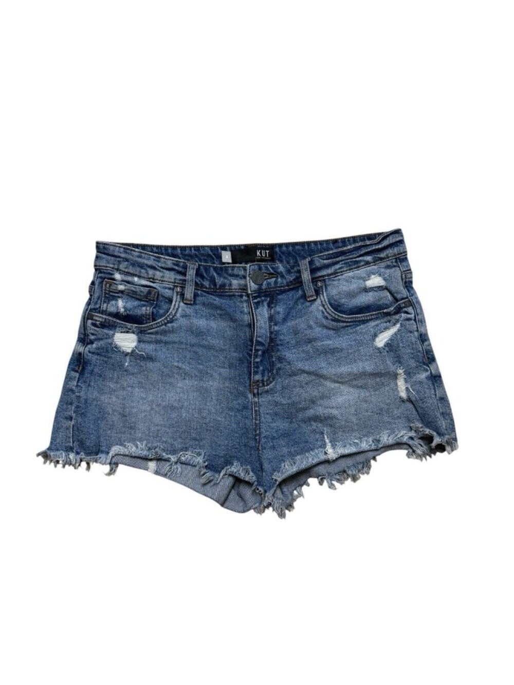 KUT Jane High Rise Denim Shorts Distressed Raw Hem Size 8 Blue